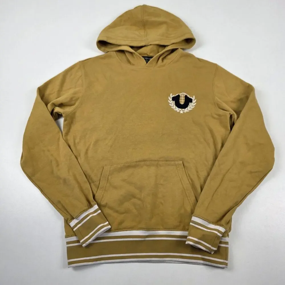 True Religion Hoodie Mens Small Tan‎ Pullover Embroidered Logo Retro Streetwear